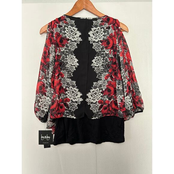 By & By Black Red Split Front/Back Top Lace Floral Print Built-in Tank Small NWT - Picture 10 of 12